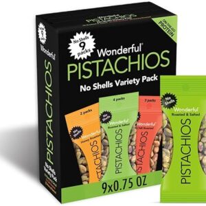 Wonderful Pistachios No Shells, 3 Flavors Mixed Variety Pack of 9 (0.75 Ounce), Roasted & Salted Nuts (4), Chili (3), Honey (2), Protein Snacks,...